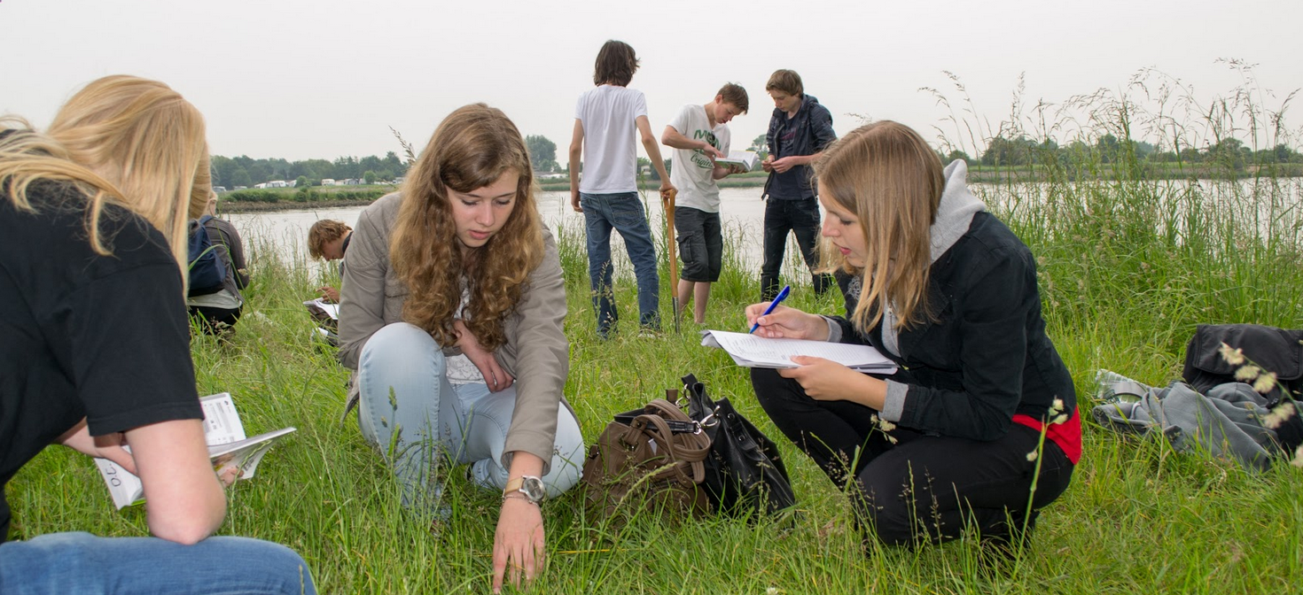 A group of students look over a field together near a stream.