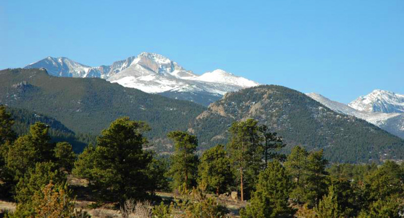 Snowy mountains are seen behind a tree-filled plataeu.